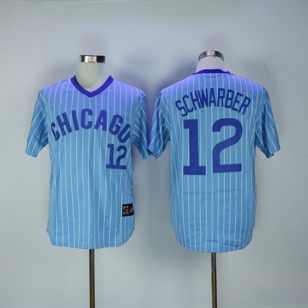 Men Chicago Cubs #12 Schwarber Blue Stripe Throwback MLB Jerseys